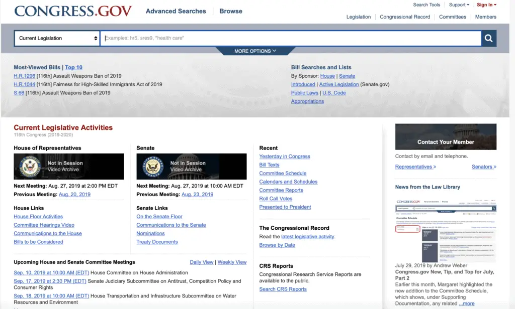 Congress.gov homescreen